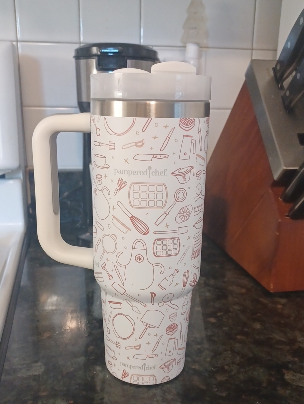Pampered Chef White Travel Mug with Light Brown Kitchen Pattern and White Handle